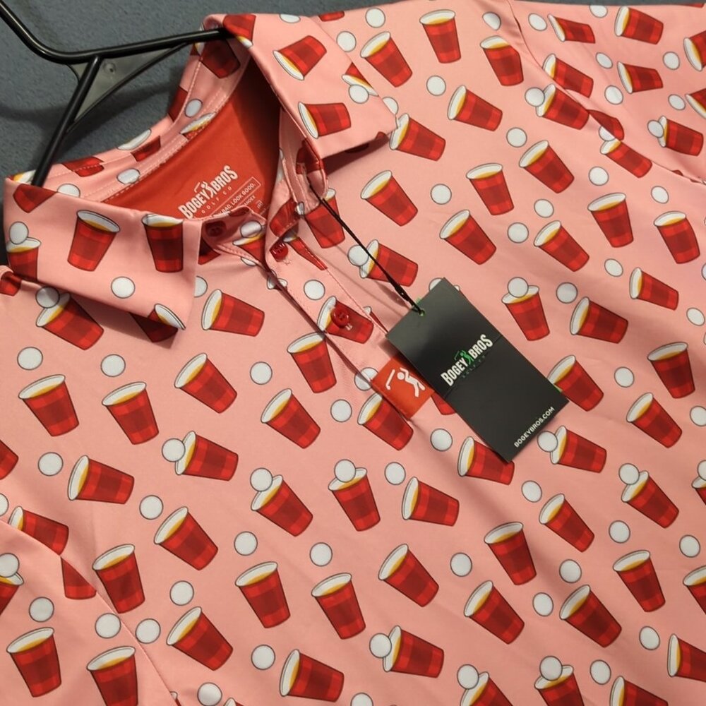 Bogey Bros Shirt Men's S Pink Polo Red Solo Cup Beer Pong Golf Performance NWT